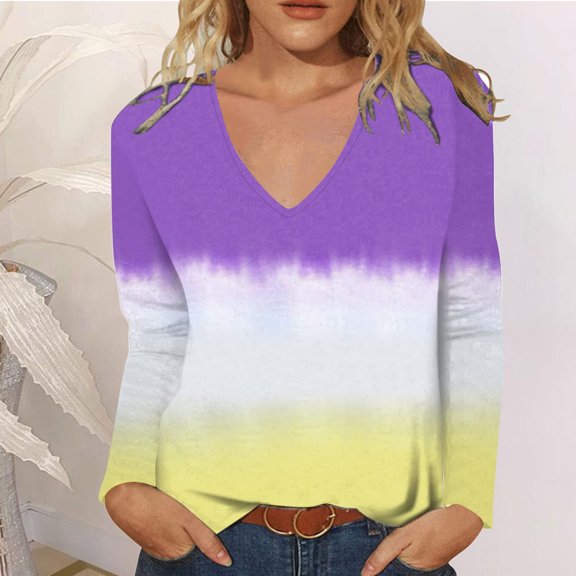 Idoravan Long Sleeve Shirts for Women Clearance Women's Casual Loose V-Neck Tie-Dye Printing Long Sleeve Blouse T-shirt Tops
