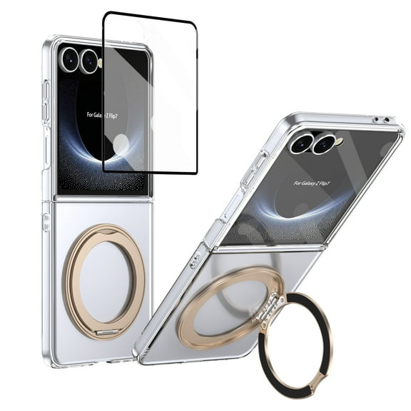 ELEHOLD Rugged Clear Case for Samsung Galaxy Z Flip 7 With Screen Protector, Transparent Non-Slip Ring Kickstand Lightweight Shock-Absorbent Rugged Magnetic Case Cover, Desertgold