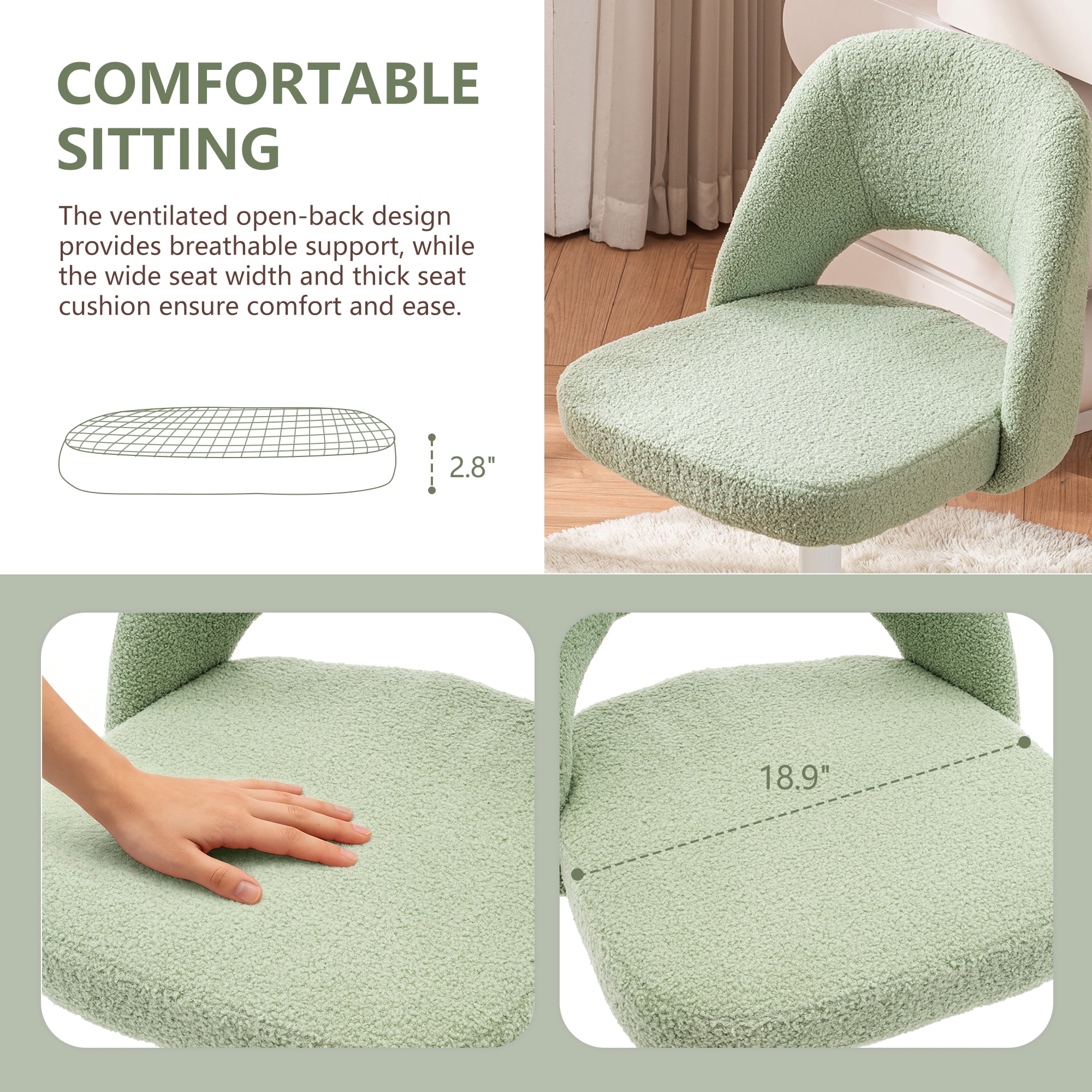 ENYLAY Green Fluffy Teddy Fleece Vanity Chair, Height Adjustable 360° Swivel Rolling Desk Chair, Ergonomic Upholstered Makeup Chair, Modern Cute Accent Chair for Bedroom Home Office Vanity Room