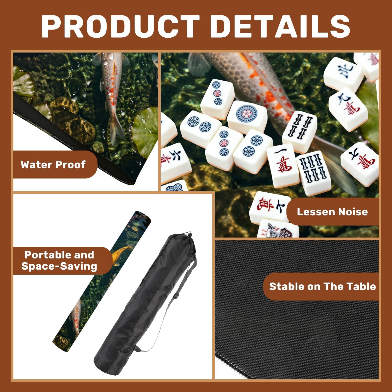 Mahjong Mat 31.5" x 31.5" Colorful Fish Swimming Among Water Lilies Tranquil Pond Non-Slip Noise Reduction American Mahjong Tiles Table Cover for Dominoes Poker Card Board Games Gift