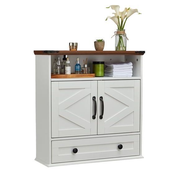 Wall Mounted Bathroom Cabinet with Barn Doors – Medicine Cabinet Over Toilet, Adjustable Shelf & Drawer, Versatile Storage for Bathroom, Kitchen, Laundry, Entryway