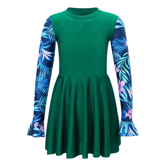 Sholeno Girls Long Sleeve Swim Dress Pool Beach PartyTropical Swimwear Rash Guard One Piece Swimsuit Dark Green 16