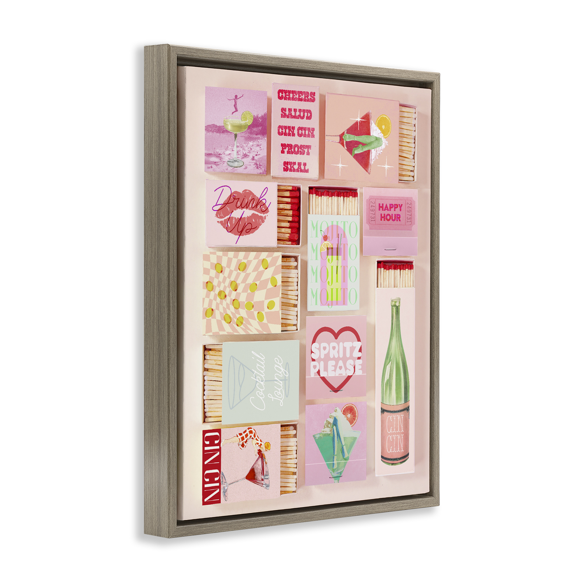 Glam Cocktails Retro Matches Brown Framed Floater Canvas Wall Art, design by Lil' Rue