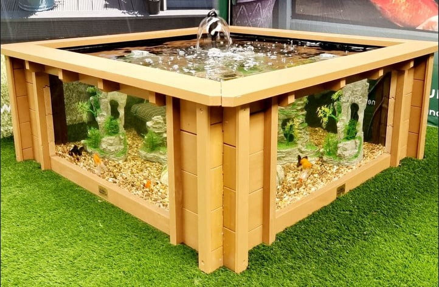 Raised Square Wood Pond with Large Windows - Lotus Clear View Garden Aquarium in Brown 172 Gallon