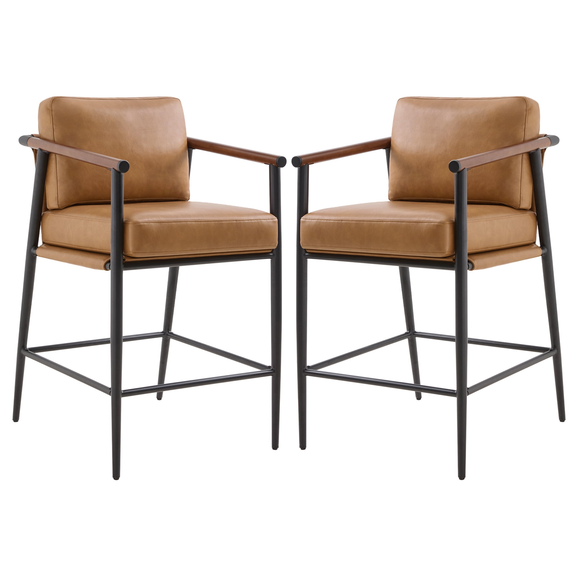Spruce & Spring Mid-Century Modern Counter Stool Set with Wood Armrests and Cushioned Sling Seat Set of 2, Cognac Faux Leather