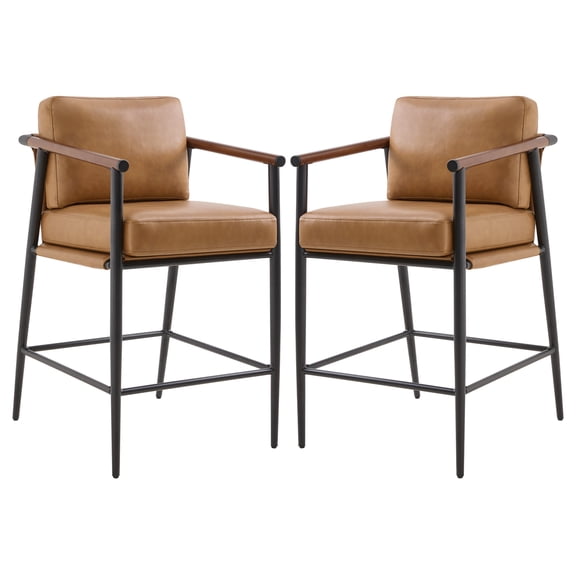 Spruce & Spring Mid-Century Modern Counter Stool Set with Wood Armrests and Cushioned Sling Seat Set of 2, Cognac Faux Leather