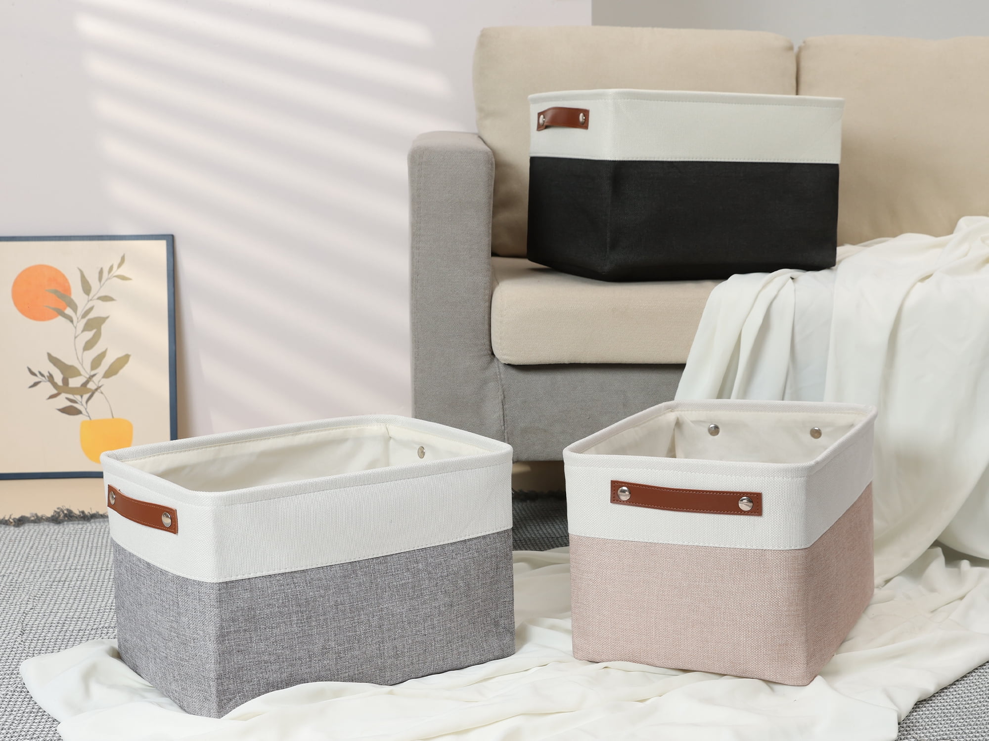Unique Bargains Storage Cube Cotton Storage Bin with Handles for Closet Organizers Black