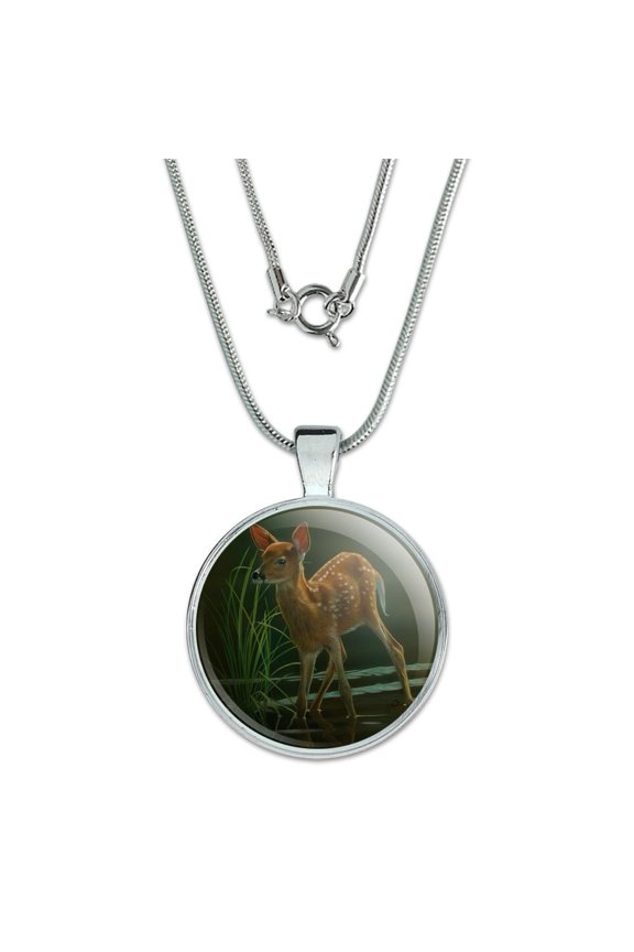 White-Tailed Fawn Alert Baby Deer 1" Pendant with Sterling Silver Plated Chain