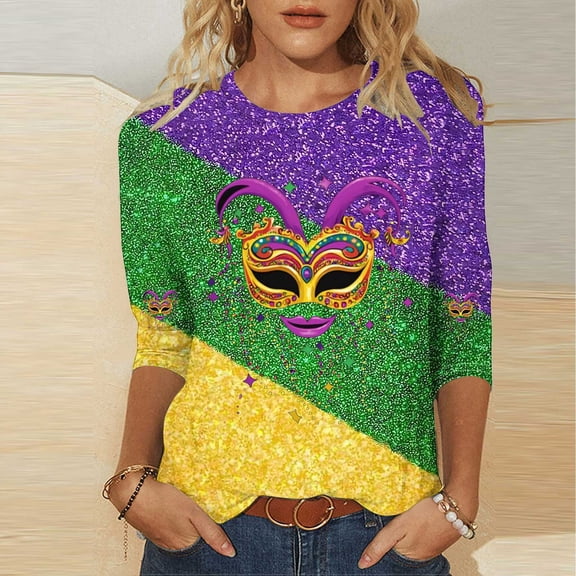 Mardi Gras Shirts for Women Funny Mask Graphic 3/4 Sleeve Striped Tee Shirt Loose Casual Crew Neck Party Tops Trendy Mardi Gras Outfit 2026