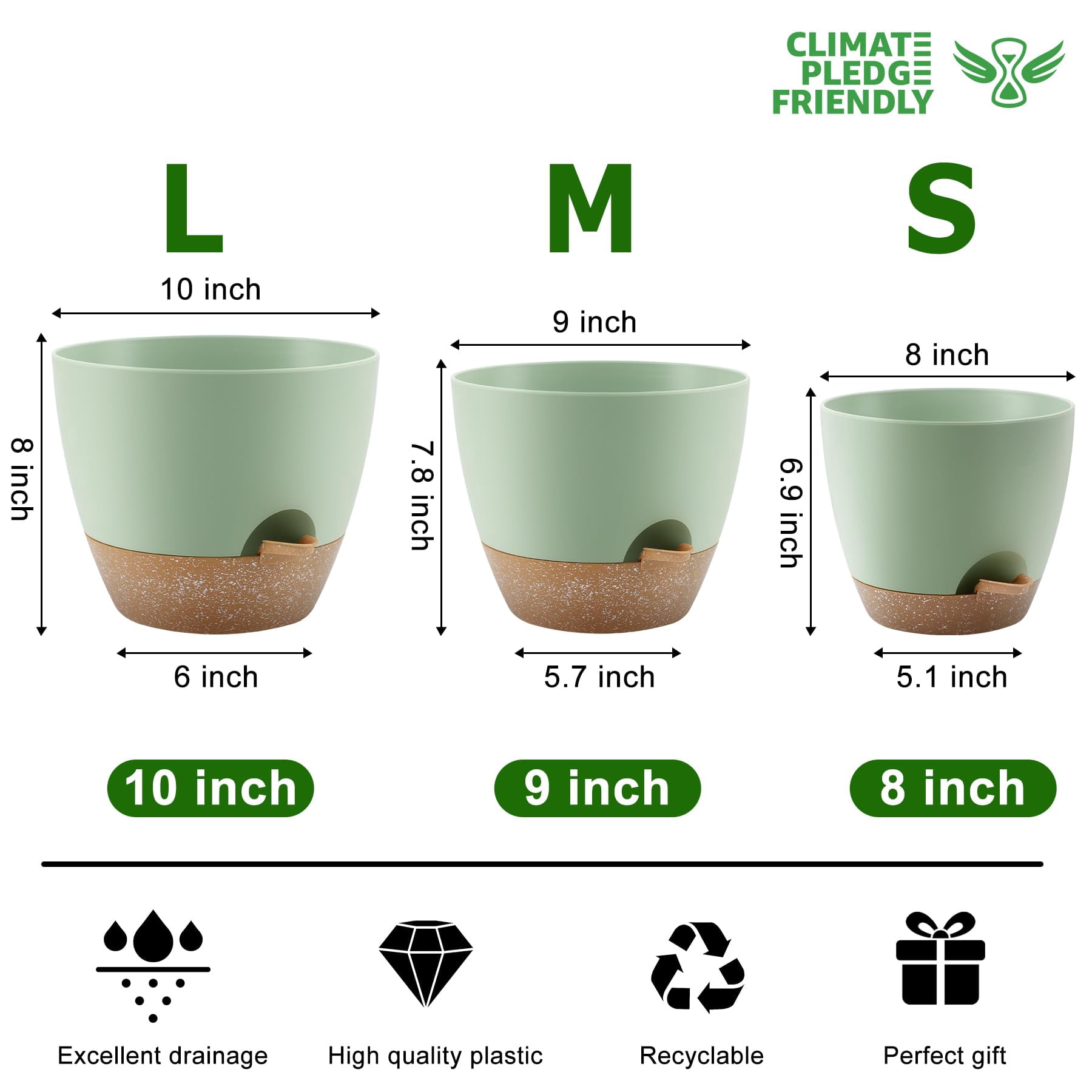 Self Watering Plant Pots Set of 5 with Drainage Holes and Saucers, Plastic Flower Planters for Indoor and Outdoor Gardening, Various Sizes