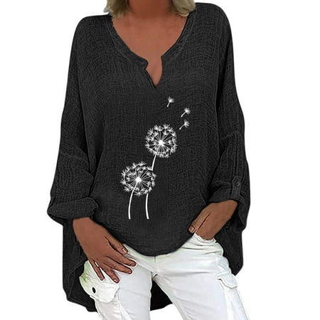 

Women s Cotton Linen Long Sleeve Loose T Shirt High Low Hem Tops Dandelion Print Tunic Pullover Fashion Long Sleeve Comfy Tunic Blouse Top for Ladies