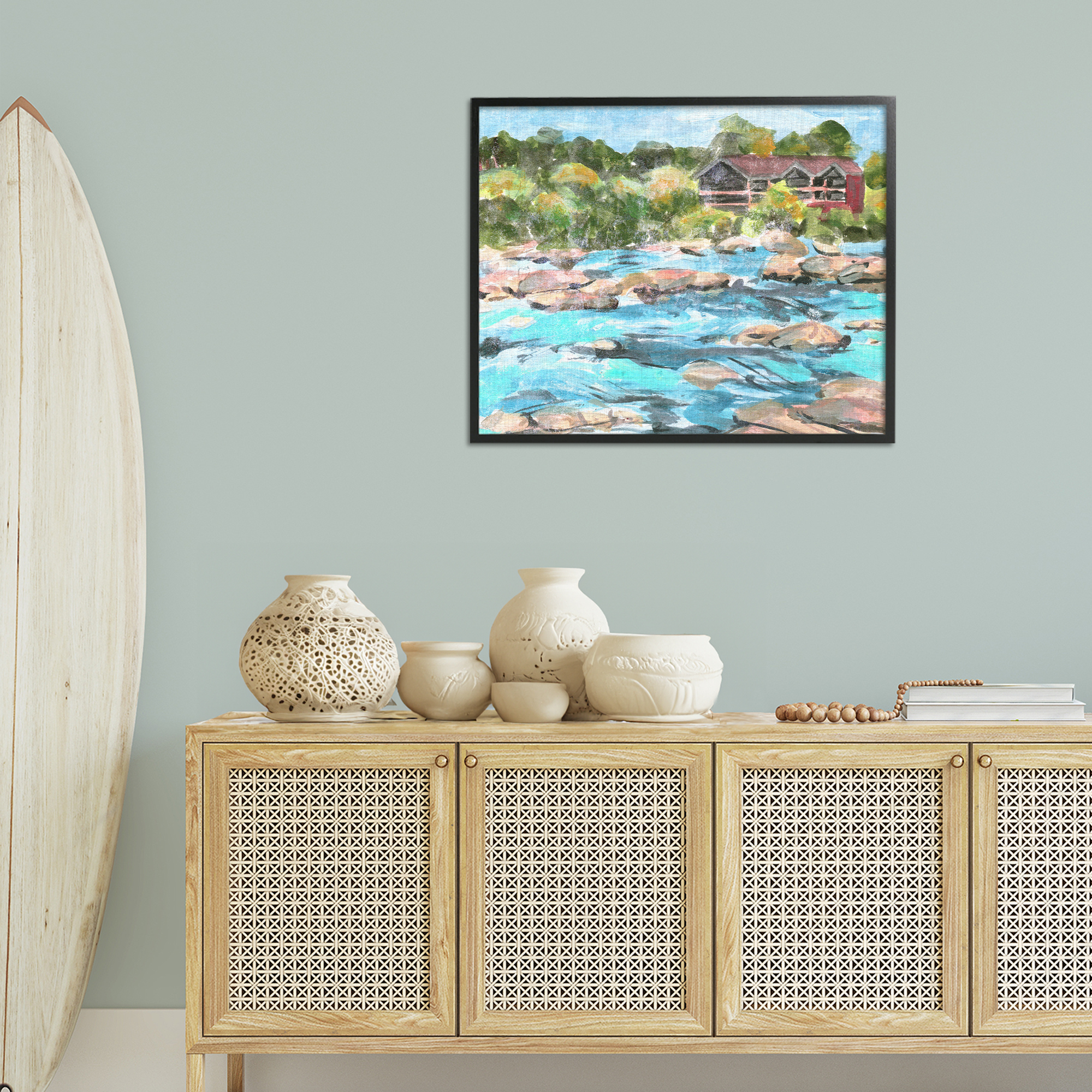 Stupell Industries Rocky River Landscape Landscape Painting Black Framed Art Print Wall Art, 30 x 24