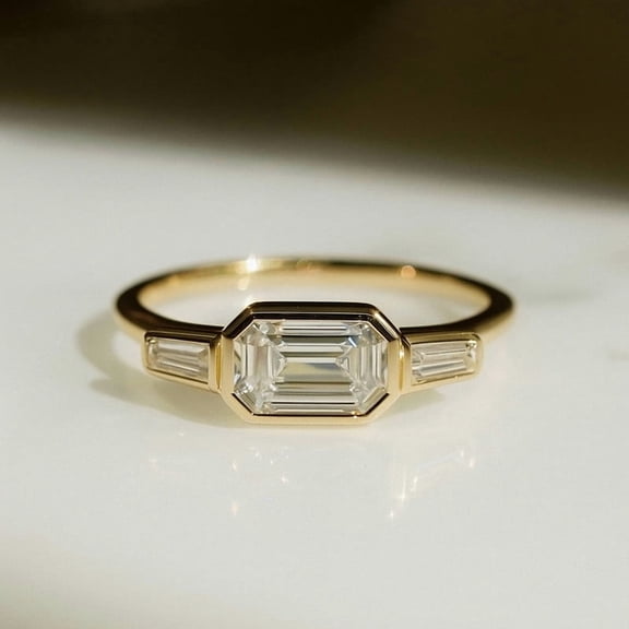 KANISHKAGEMS&JEWELS Vintage Moissanite Engagement Ring Emerald Cut Bridal Wedding Ring Tapered Baguette Side CZ Diamond Jewelry Proposal Gift For Her