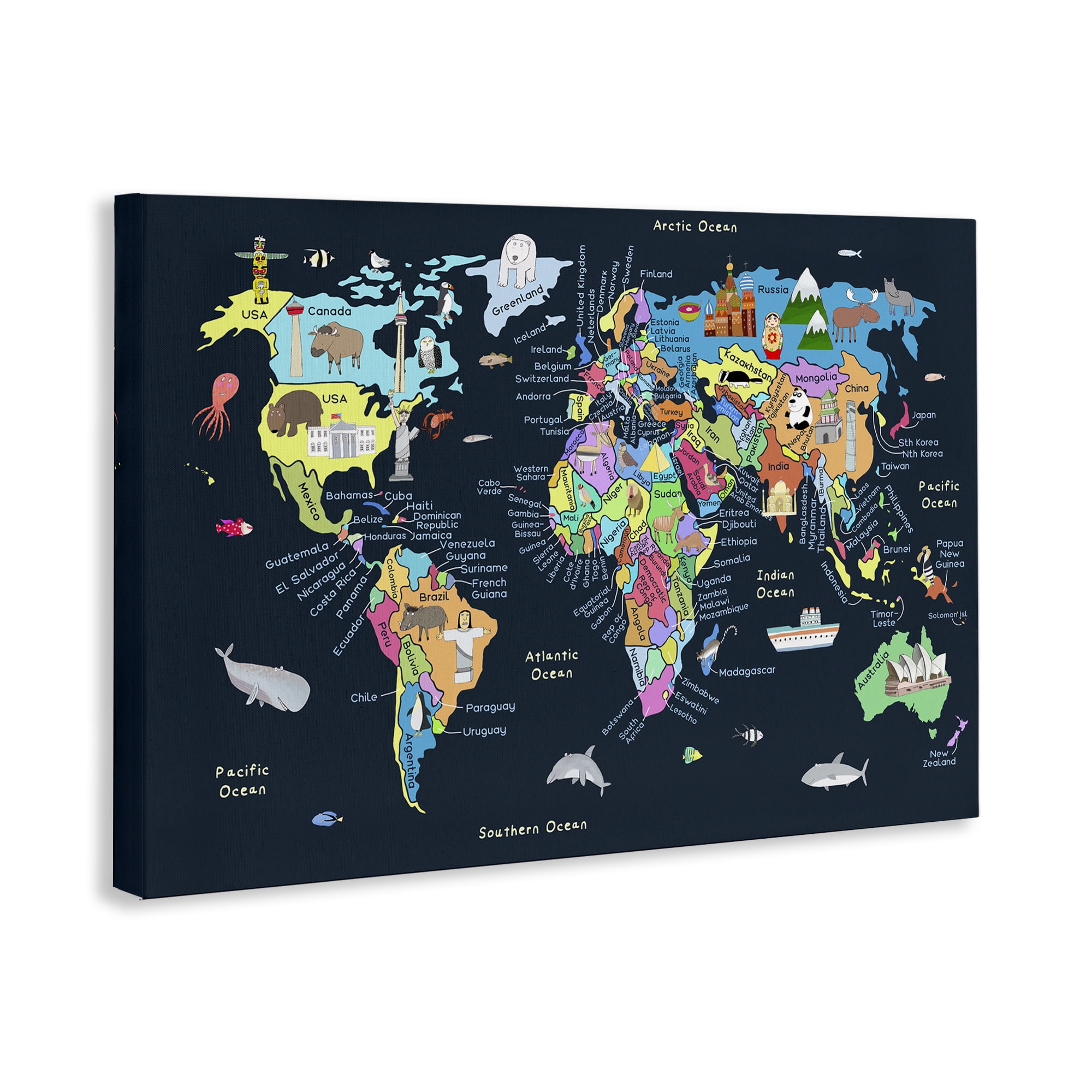 Stupell Industries Detailed Countries Map Education Painting Wrapped Canvas Art Print Wall Art, 45 x 30