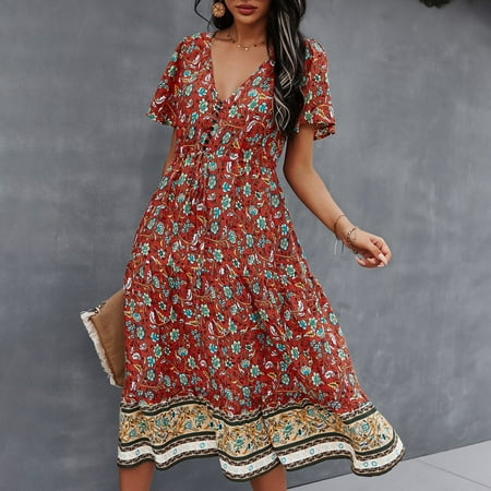

Women Casual Loose Floral Rhombic Dress Fashion Beach Style Temperamental Note Please Buy One Or Two Sizes Larger