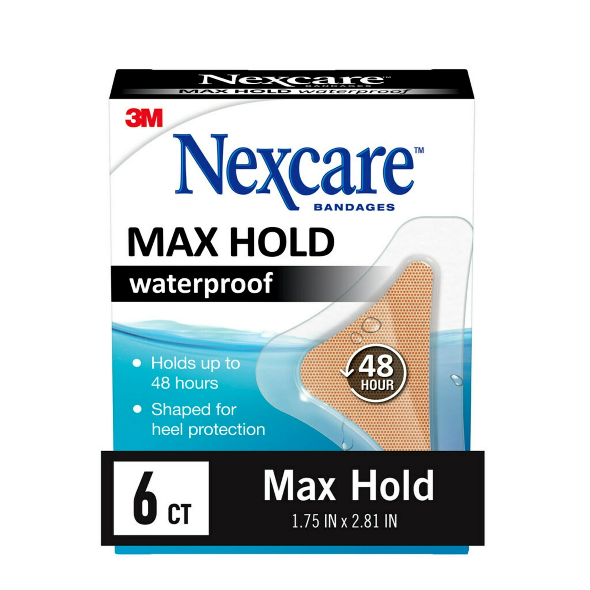 Nexcare Max-Hold Waterproof Bandages, Hand/Heel, 48 Hour Hold, 6 Count