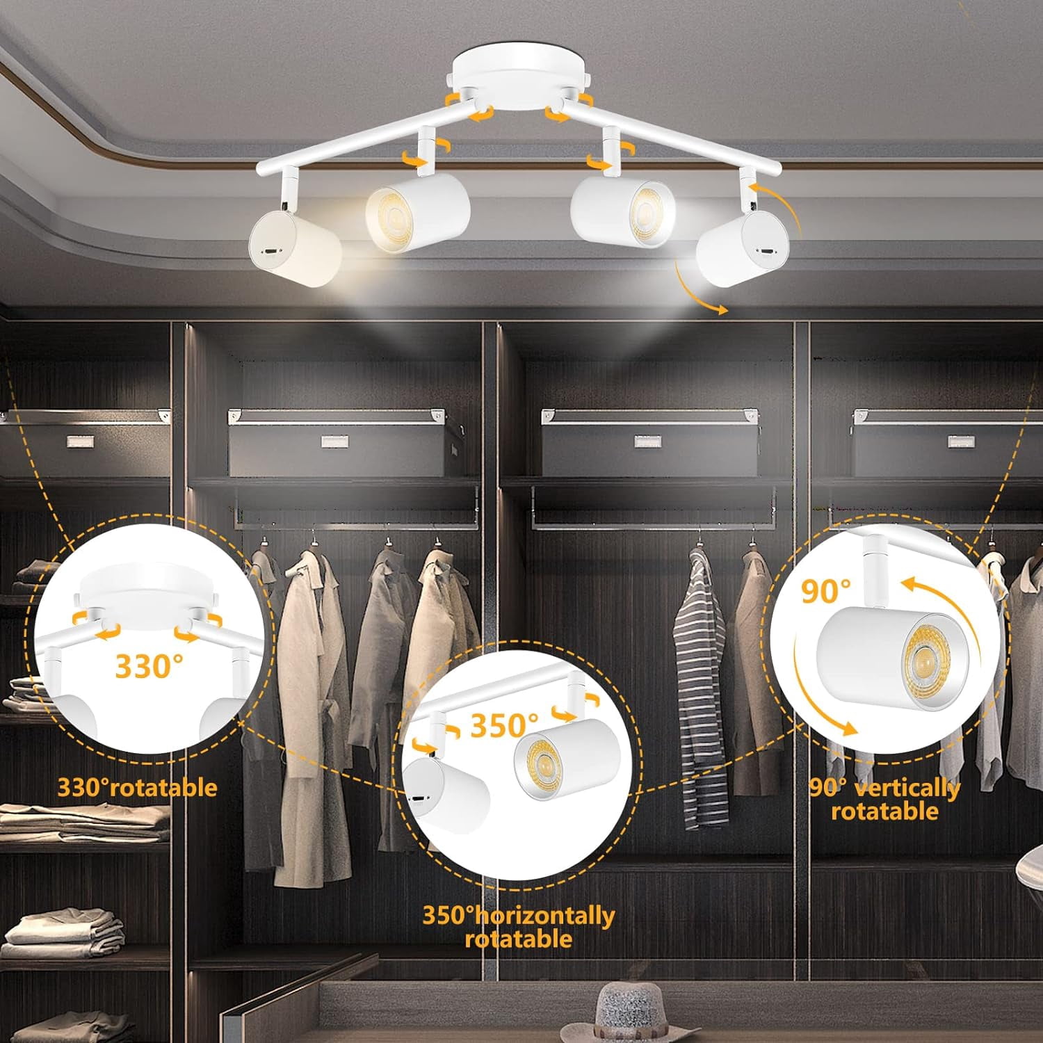 VANoopee 5-Color 4 Light LED Track Lighting Fixtures Ceiling for Kitchen, Dimmable Track Lighting Kit, Ceiling Spotlight Flush Mount Adjustable Directional Spot Lights Indoor, White CRI90 2400lm 30W