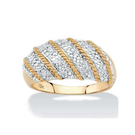 Diamond Domed Designer Ring - 1/10 TCW White Diamond Pave-Style Diagonal Row Dome Ring in Solid 10k Yellow Gold