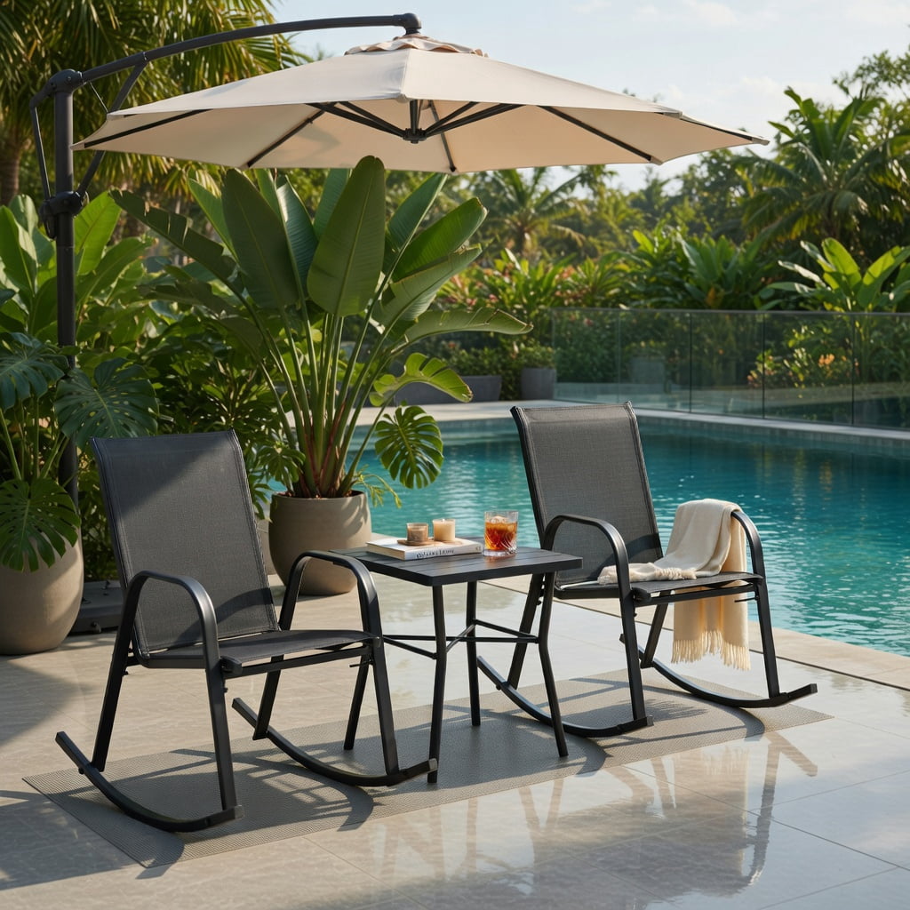 Hommoo 2-Pack Modern Metal Rocking Chairs for Patio, Breathable Fabric Seat, Rust-Resistant Frame, Indoor/Outdoor Use, Black