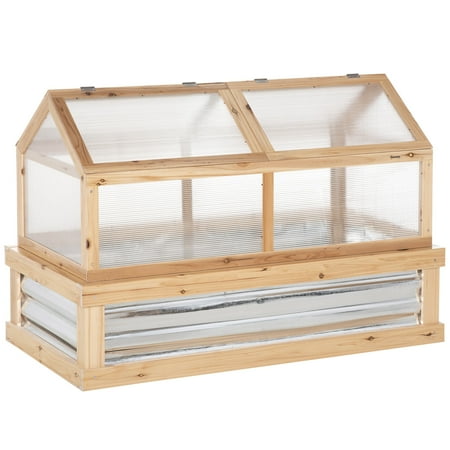 Outsunny Raised Garden Bed with Polycarbonate Greenhouse, 48" x 24" x 32", Natural