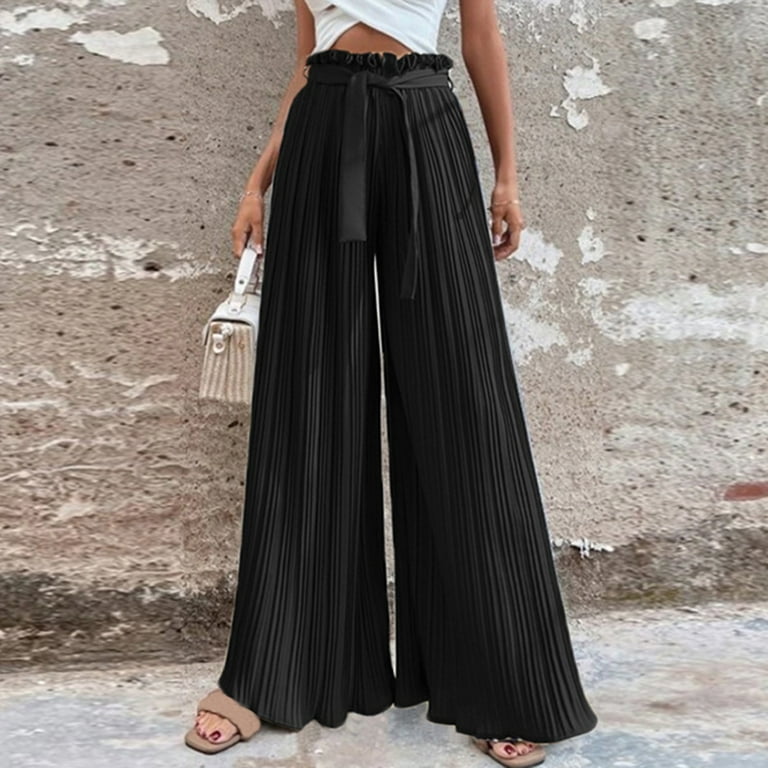 Olyvenn Deals Women's Bottoms Fashion Full Length Trousers Wide Leg Pants  For Girls Solid Color Comfy Lounge Casual Pants Female Leisure Black 10 