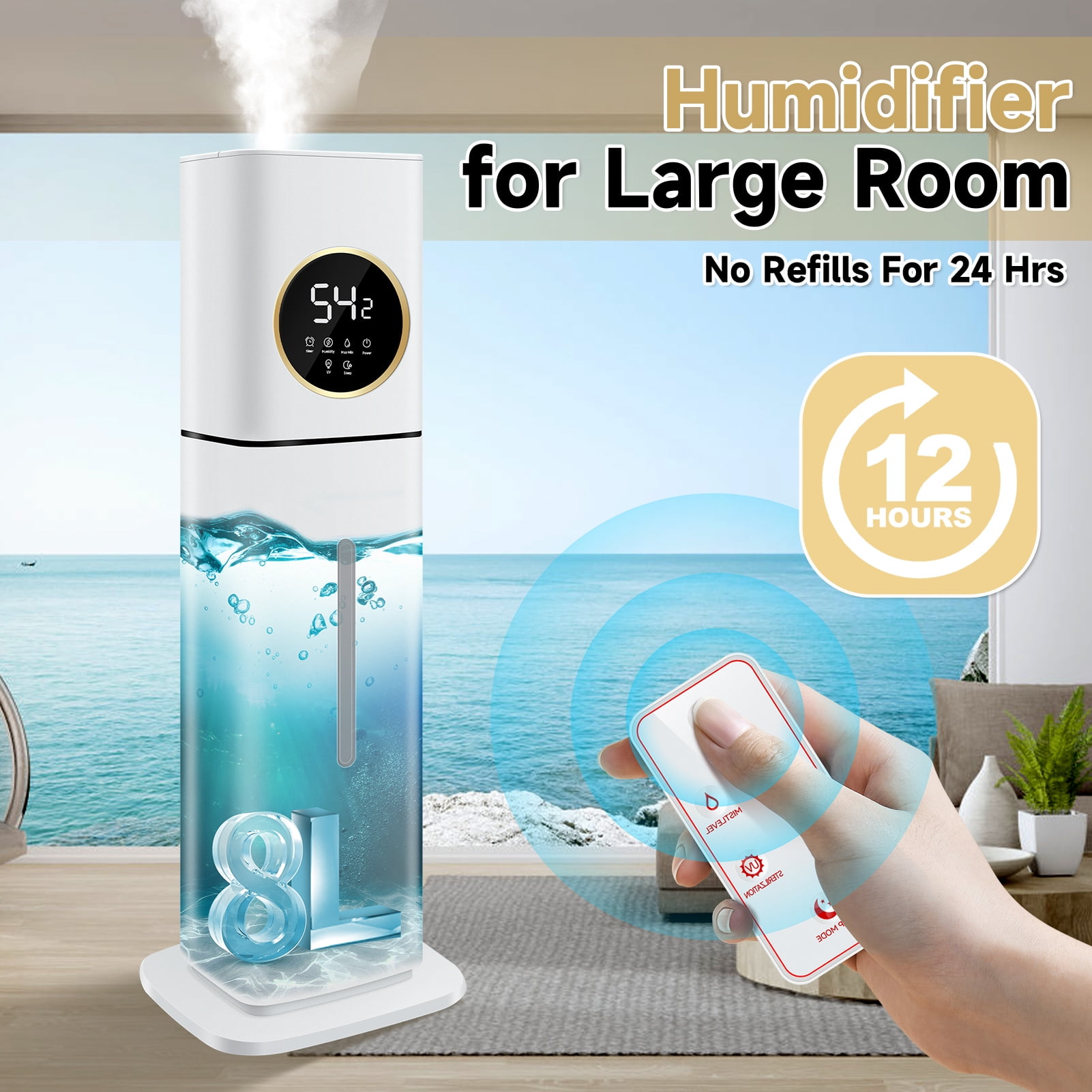 Humidifier For Large Rooms, 8L/2.11Gal Cool And Warm Mist Tower Top Fill Humidifiers, Floor Humidifiers For Baby,Pets,Plants,with Remote,Timer,Auto Shut Off,White