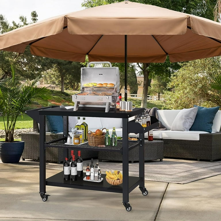 Three-Shelf Outdoor Grill Dining Cart Movable BBQ Trolley with Two Wheels Pizzello Color: Black/Stainless Steel