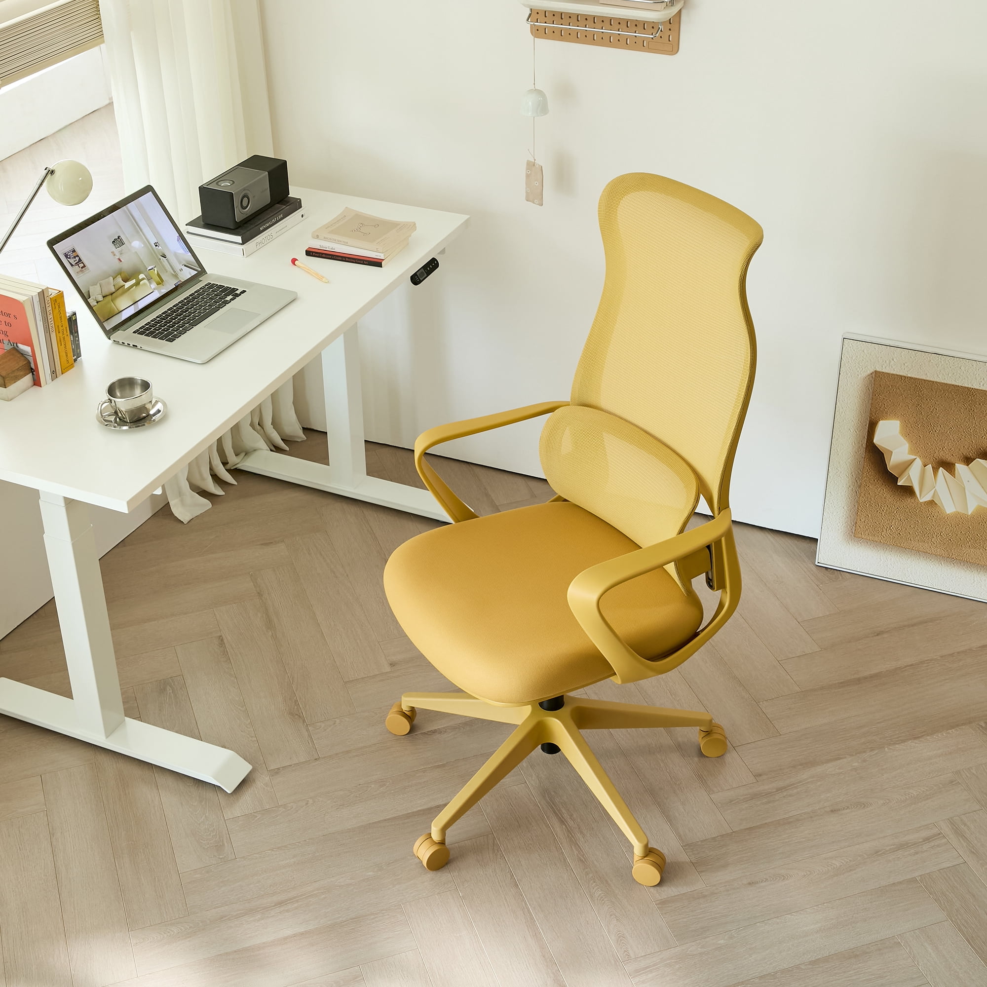 Office Chair, 350LBS Home Mesh Breathable High Back, With Adjustable Lumbar Support Computer Chair, Integrated Molded Foam Seat Cushion, Fireproof (Yellow)