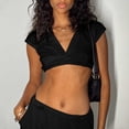 thumbnail image 2 of Top corto de manga corta para mujer, Top corto acanalado con cuello en V profundo, Tops ultracortos informales de verano, negro M, 2 of 6