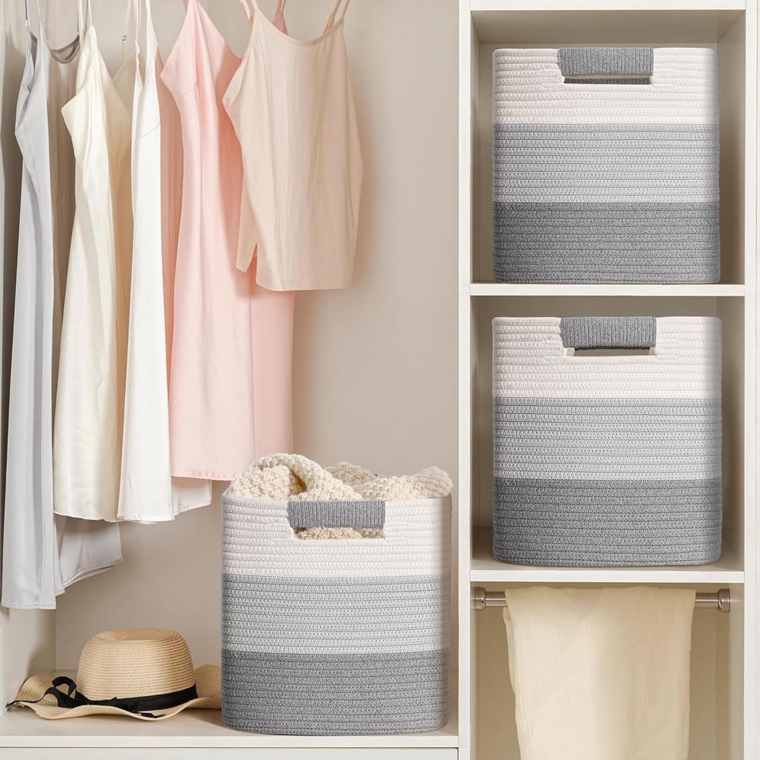 Natubeau 3 Pack Woven Storage Basket for Shelves, 11 Inch Cube Storage Bins, Cotton Rope Woven Baskets for Organizing, Gradient Grey
