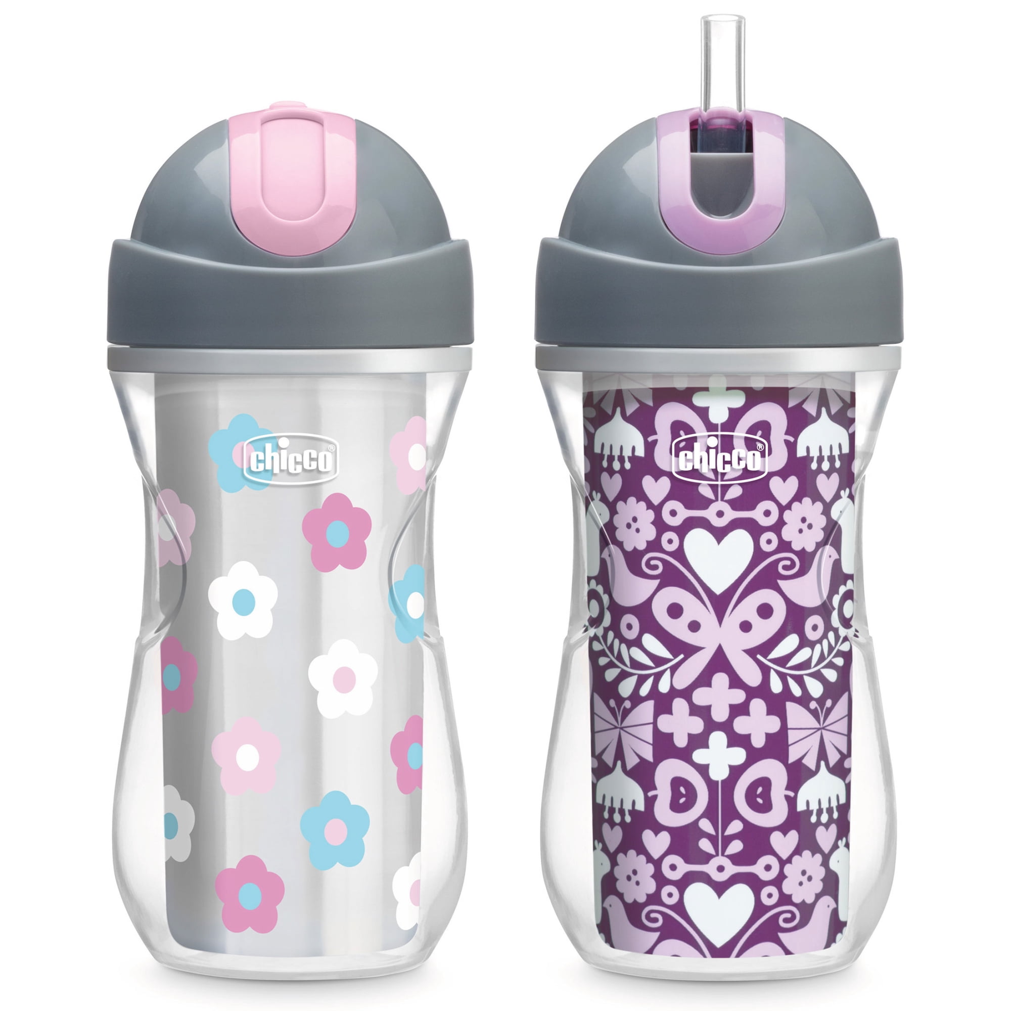 Chicco 9oz. Flip-Top Straw Trainer with Soft Silicone Straw and Double-Wall Insulation, 12m+, 2-Pack - Floral/Purple
