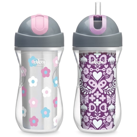 Chicco 9oz. Flip-Top Straw Trainer with Soft Silicone Straw and Double-Wall Insulation, 12m , 2-Pack - Floral/Purple