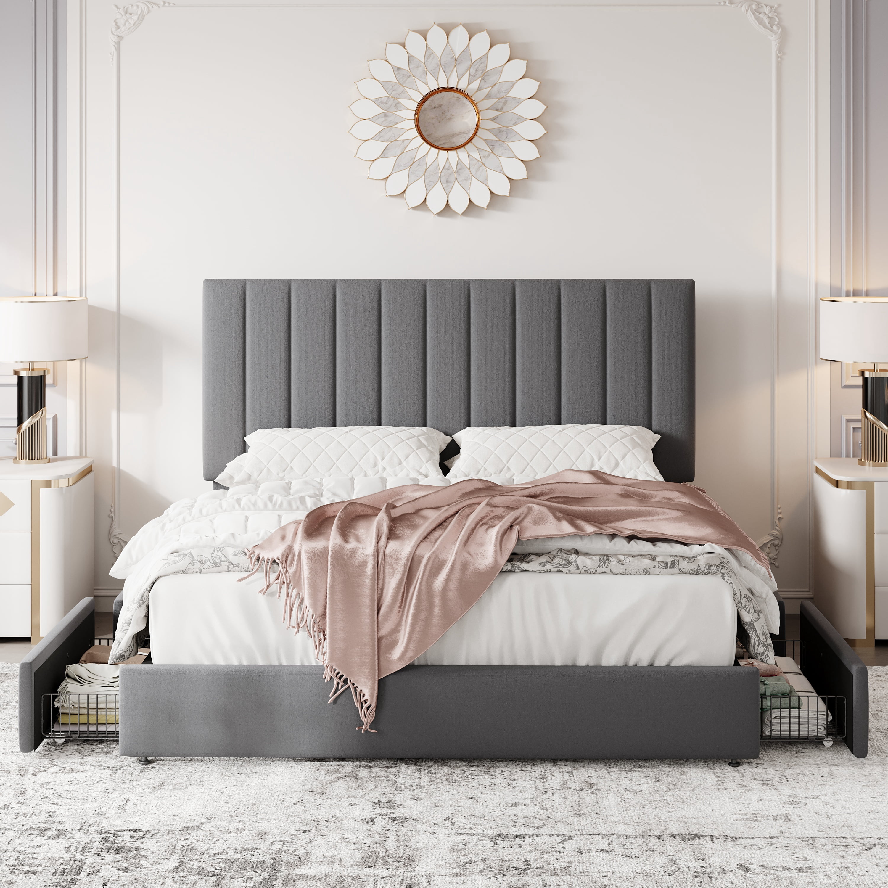 Einfach Queen Bed Frame with Adjustable Upholstered Velvet Headboard and 4 Storage Drawers, No Box Spring Required, Gray