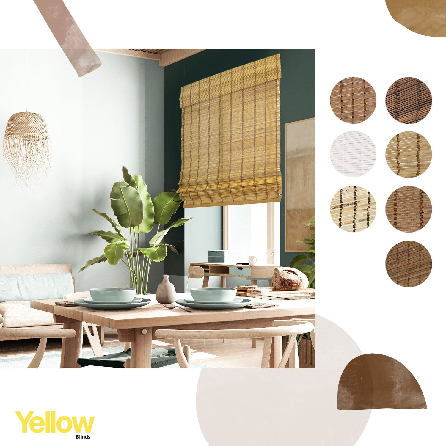 Yellow Blinds 27"W x 64"H Natural Woven Cordless Light Filtering Bamboo Roman Shades for Window, Cinnamon