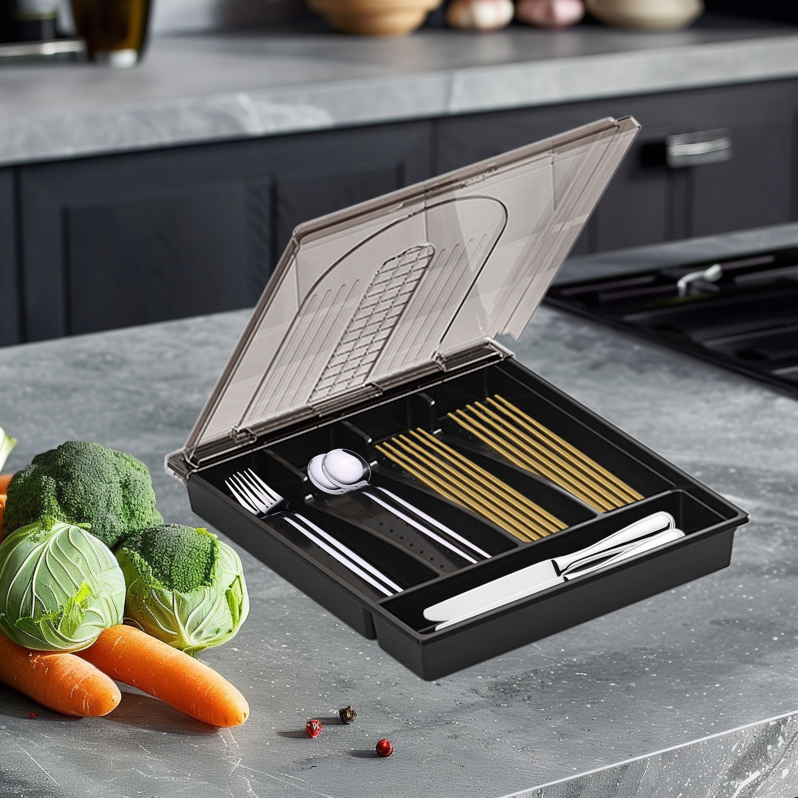 Specollect Clearance 2Pcs Organizer with Lid, Covered Utensil Tray for Kitchen Drawer and Countertop, Plastic Cutlery and Flatware Storage Box for Spoons Forks Knives Holder Case, 5 Compartments