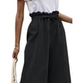 thumbnail image 3 of DYMADE Women Elastic Waist Solid Color Cotton Linen Drawstring Wide Leg Pants Loose Capris, 3 of 4