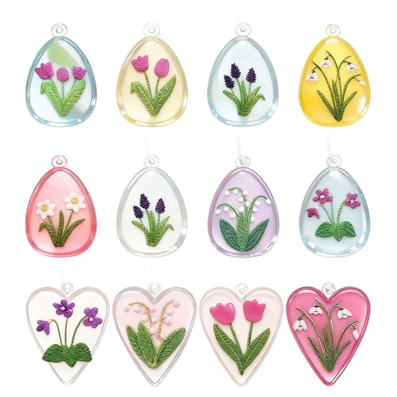 12 Pcs Easter Ornaments, 3inch Flower Easter Egg Embroidery Hanging Decorations, For Tree EasterDecorations Part Acrylic Egg