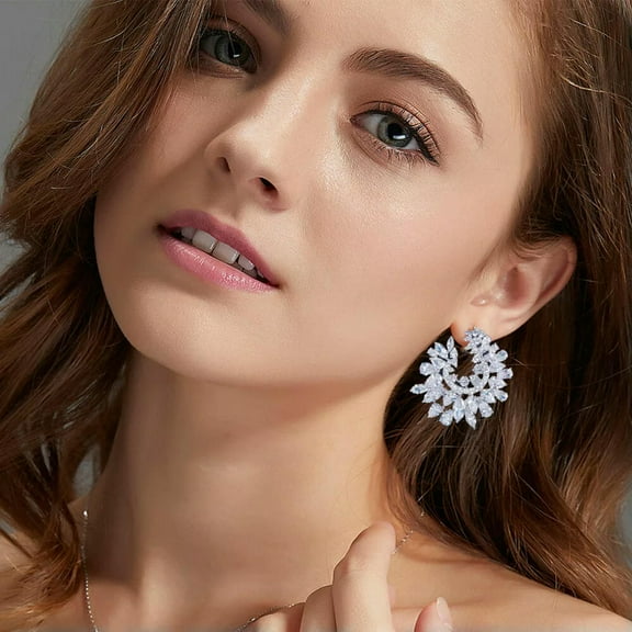 CZ Leaf Drop Cluster Big Stud Earring for Brides Evening Party Sparkling Jewelry
