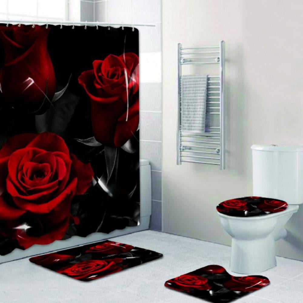 Red Bloom Rose Flowers Bath Mat Bathroom Rug Non-Slip Home Decor Carpet 24x16" 