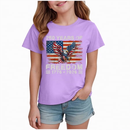 mgoYE American Flag Shirts Girls Boys 4th of July O-Neck Short Sleeve Patriotic T-Shirt Memorial Day Graphic Tee Independence Day Tops 250th American Anniversary(Purple 3-4 Years)