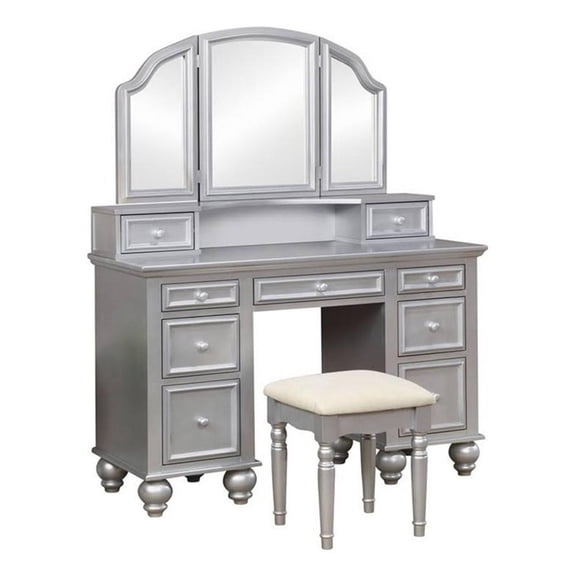 Benjara Cael 60" Vanity Desk with Stool- Drawers- 3 Sided Mirror- Silver Wood