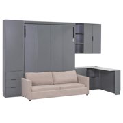 Modern Queen Size Solid Wood Murphy Wall Bed, Foldable Cabinet Bed in Dark Gray