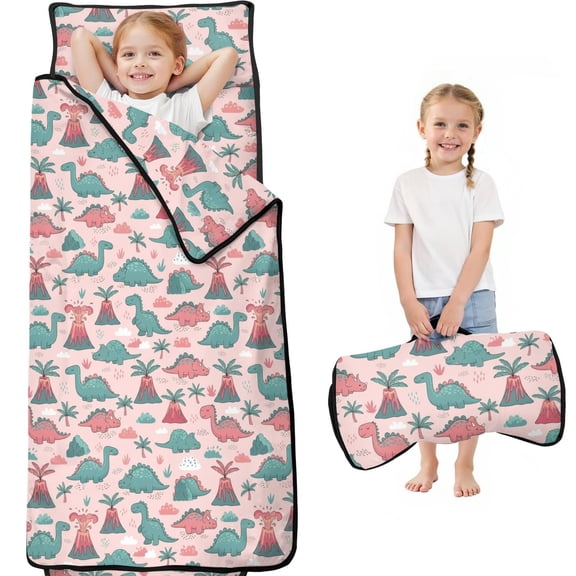 Dinosaur and Volcano Pink Pattern Teens Toddler Nap Mat with Pillow, Sleeping Mat Bag for Preschool Daycare 59"x22"