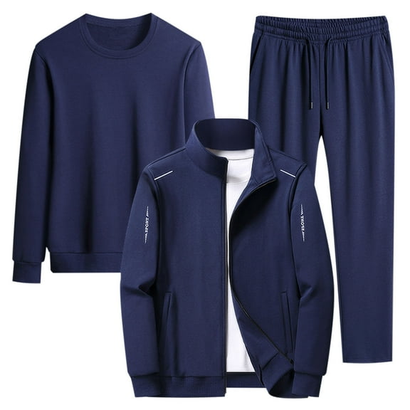 BXINGOHAI 3 Piece Tracksuits For Men Outdoor Sport Jogging Suit Big And Tall Full Zip Up Sweatsuits Solid Color Long Sleeve Crewneck Shirts And Elastic Waist Sweatpants Dark Blue,XXXXXXXL