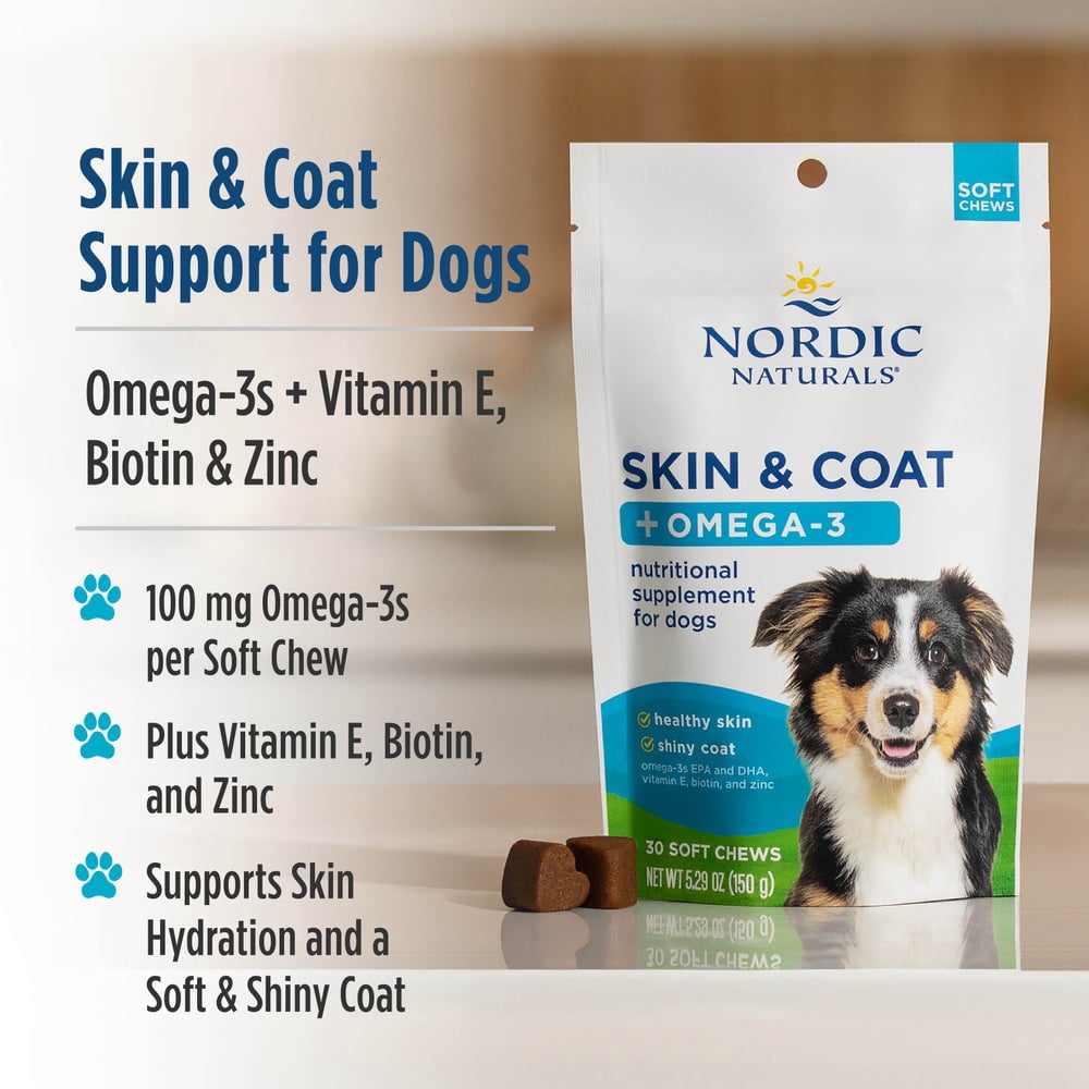 Nordic Naturals Pet Skin & Coat Soft Chews with Omega-3 - Pork Bone Broth Flavor, 30 Count