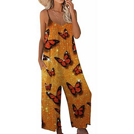 

Daqian Womens Rompers and Jumpsuits Women Print Jumpsuit Pajamas Casual Sling Wide Leg Long Pants Plus Size Womens Pants Clearance Yellow 10(XL)