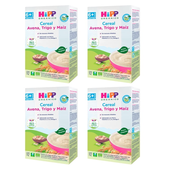 HiPP Orgánico Cereal Infantil de Avena, Trigo y Maíz - Pack de 4 piezas (4 x 270 gr = 1.08 kg) Fortificado con Hierro, Vitaminas y Minerales, sin Azúcares Añ