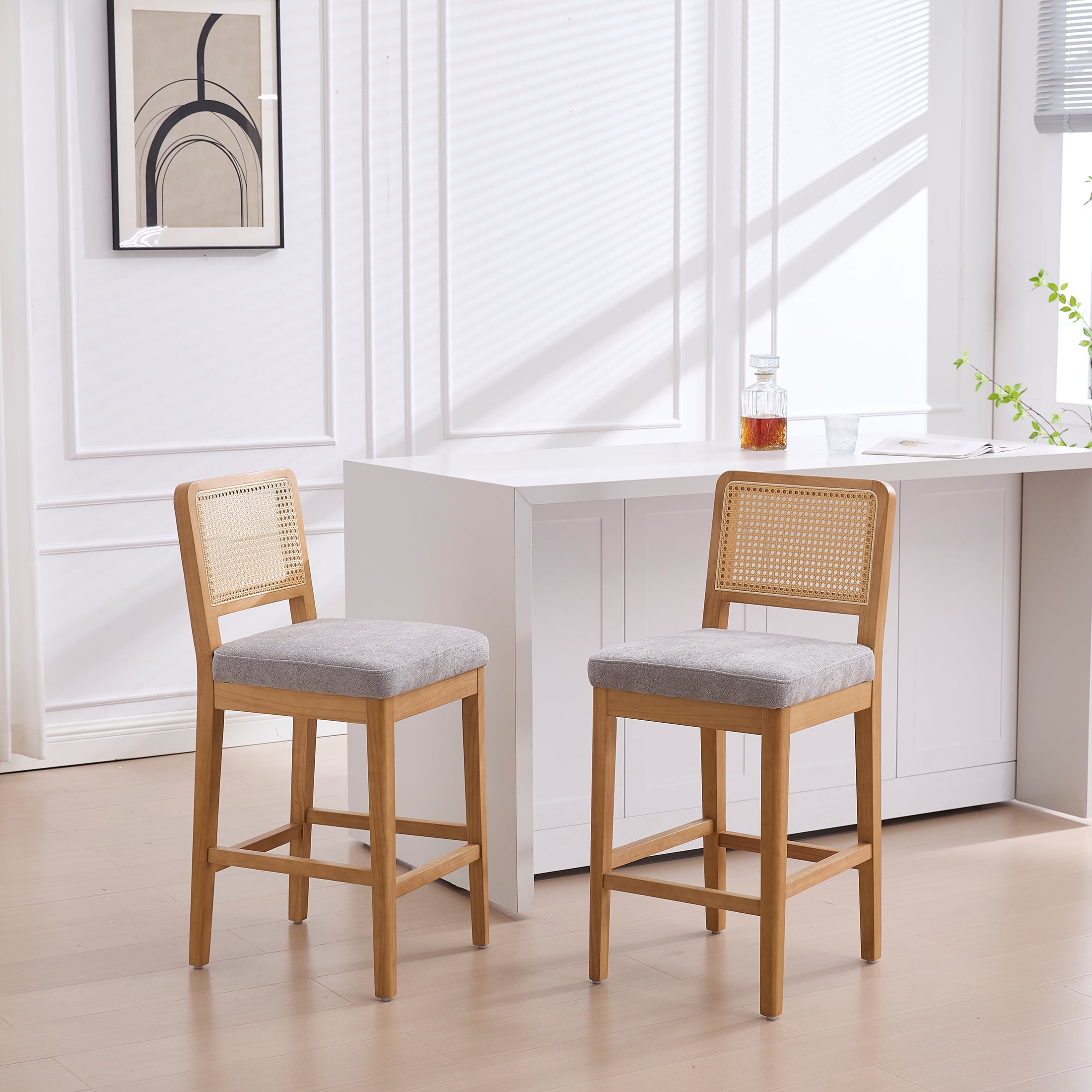 Guyou Counter Height Bar Stools Set of 2, 26" Farmhouse Wooden Rattan Bar Stools, Modern Chenille Upholstered Breakfast Barstools, Boho Wicker Woven Kitchen Island Chairs for Bar Bistro, Grey