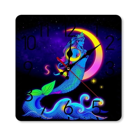 RKSupls 10 × 10 inch Square Silent Wall Clock Wooden Frame, Neon Mermaid Moon Fantasy Scale photo RKSupls 10 × 10 inch Square Silent Wall Clock Wooden Frame, Neon Mermaid Moon Fantasy Scale