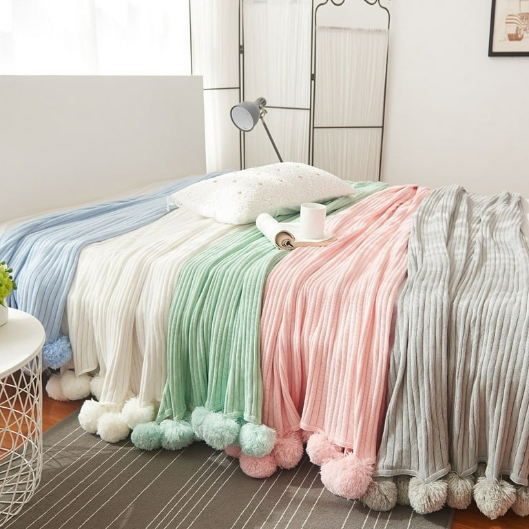 Green Pom Pom Throw Blanket Knit Throw Blanket with Fluffy Ball Decorative Cotton Blanket for Couch Sofa Bed All Season Warm Soft Cozy Knitted Blanket 39x59 inch Walmart